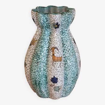 Volpi Deruta Italy vase with pinched neck and reticulated enamels with animal decoration