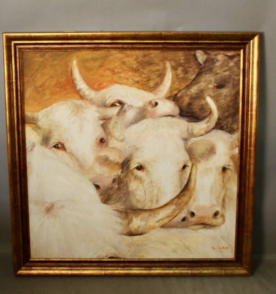 Painting Oil on panel "Charolais cattle"