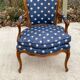 Bergère armchair Louis XV blue silk fabric embroidered