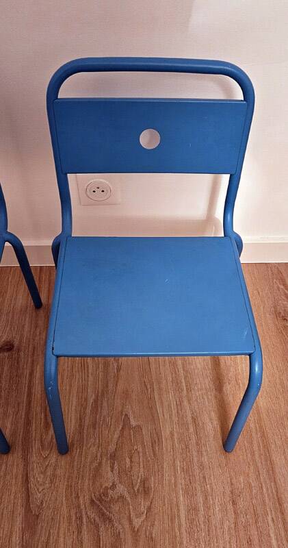 Pair of vintage blue metal school chairs – 1960s