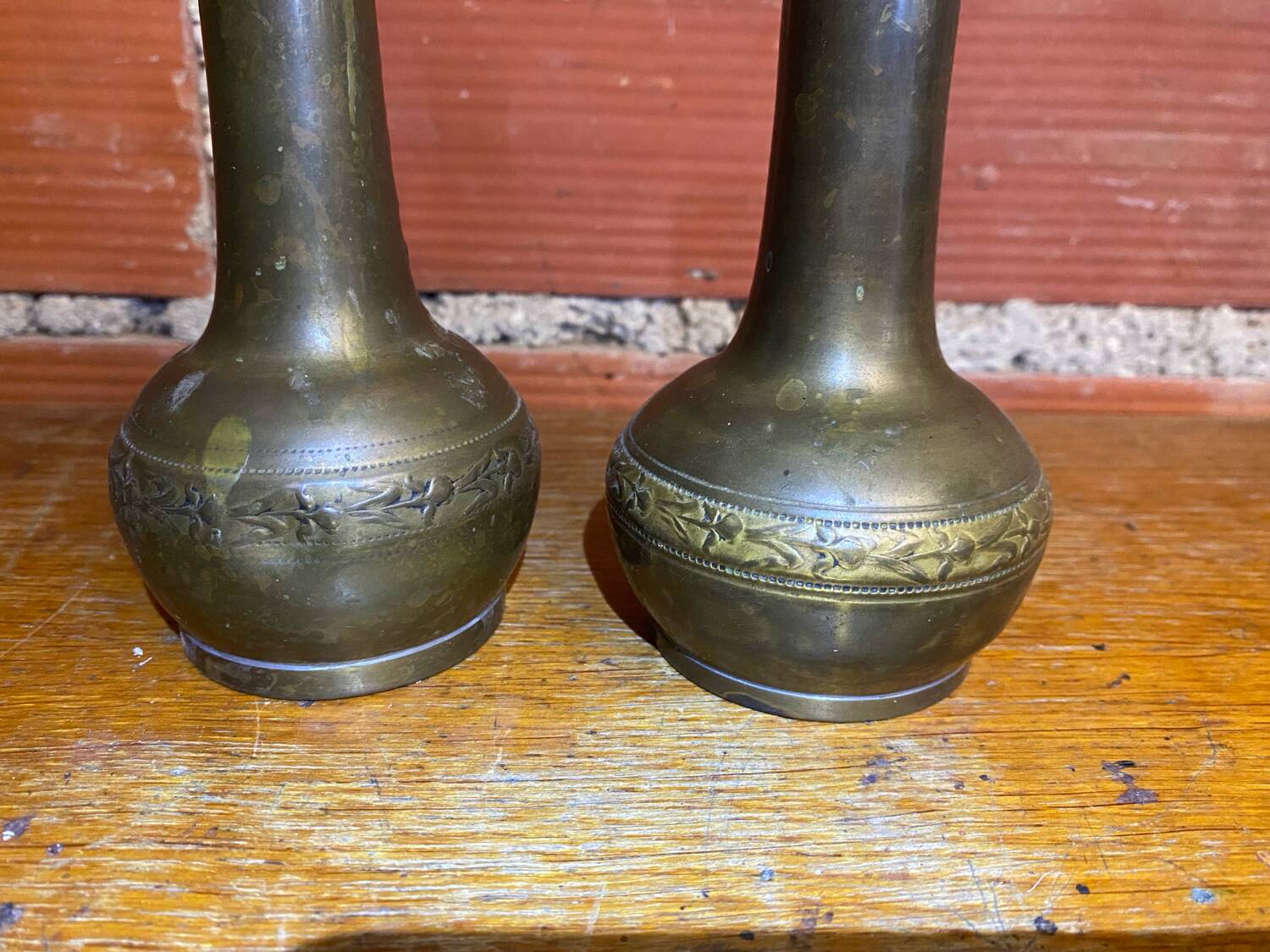 Pair of Antique Vintage Repoussé Brass Vases