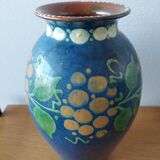 Pair of Primavera vases in blue ceramic with plant decoration 1920-1930