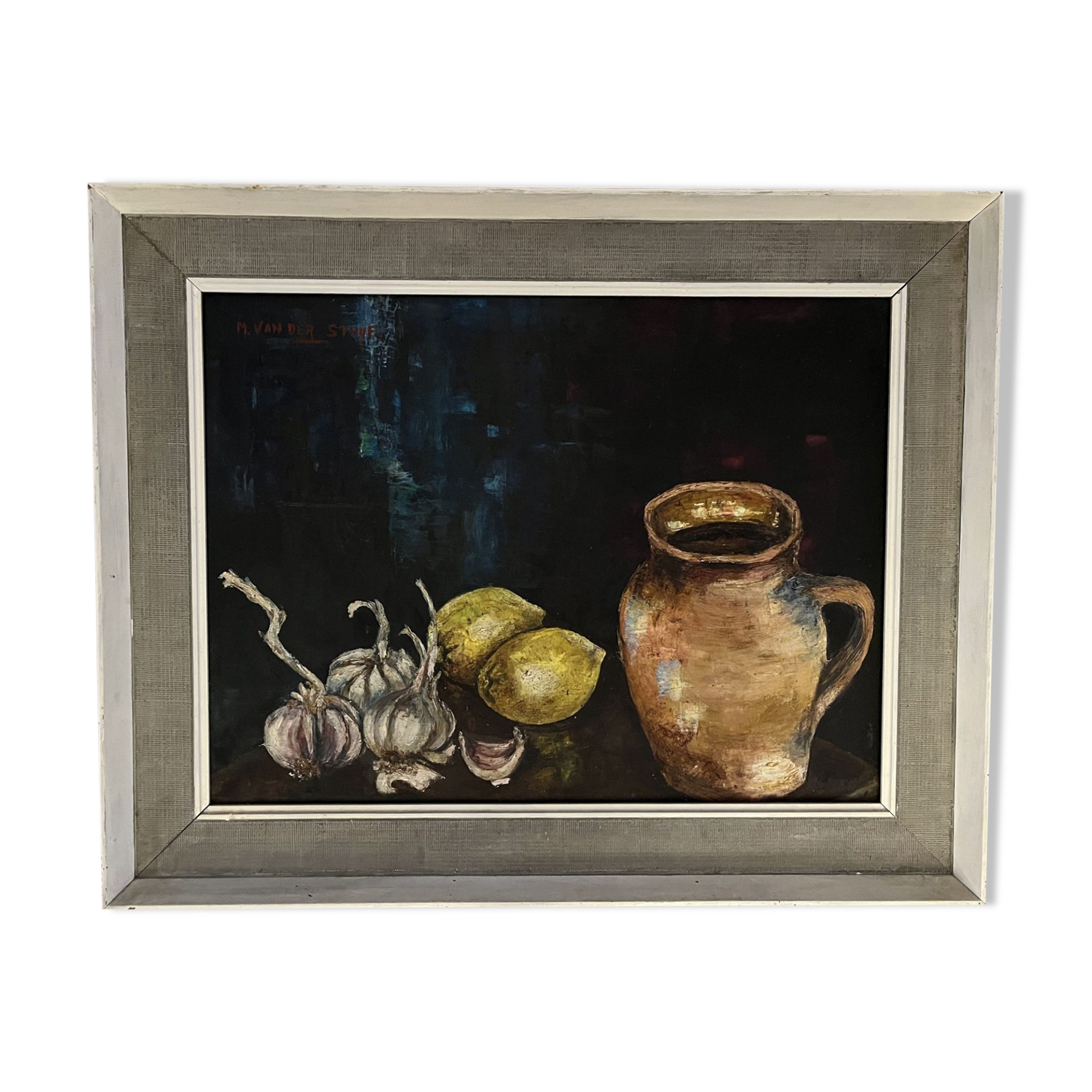 Painting Still Life with Jug, Garlic and Lemons