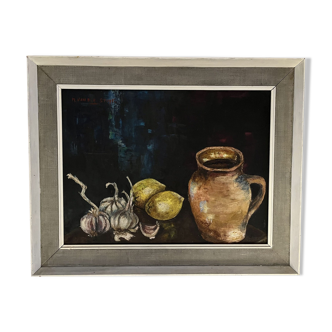 Painting Still Life with Jug, Garlic and Lemons