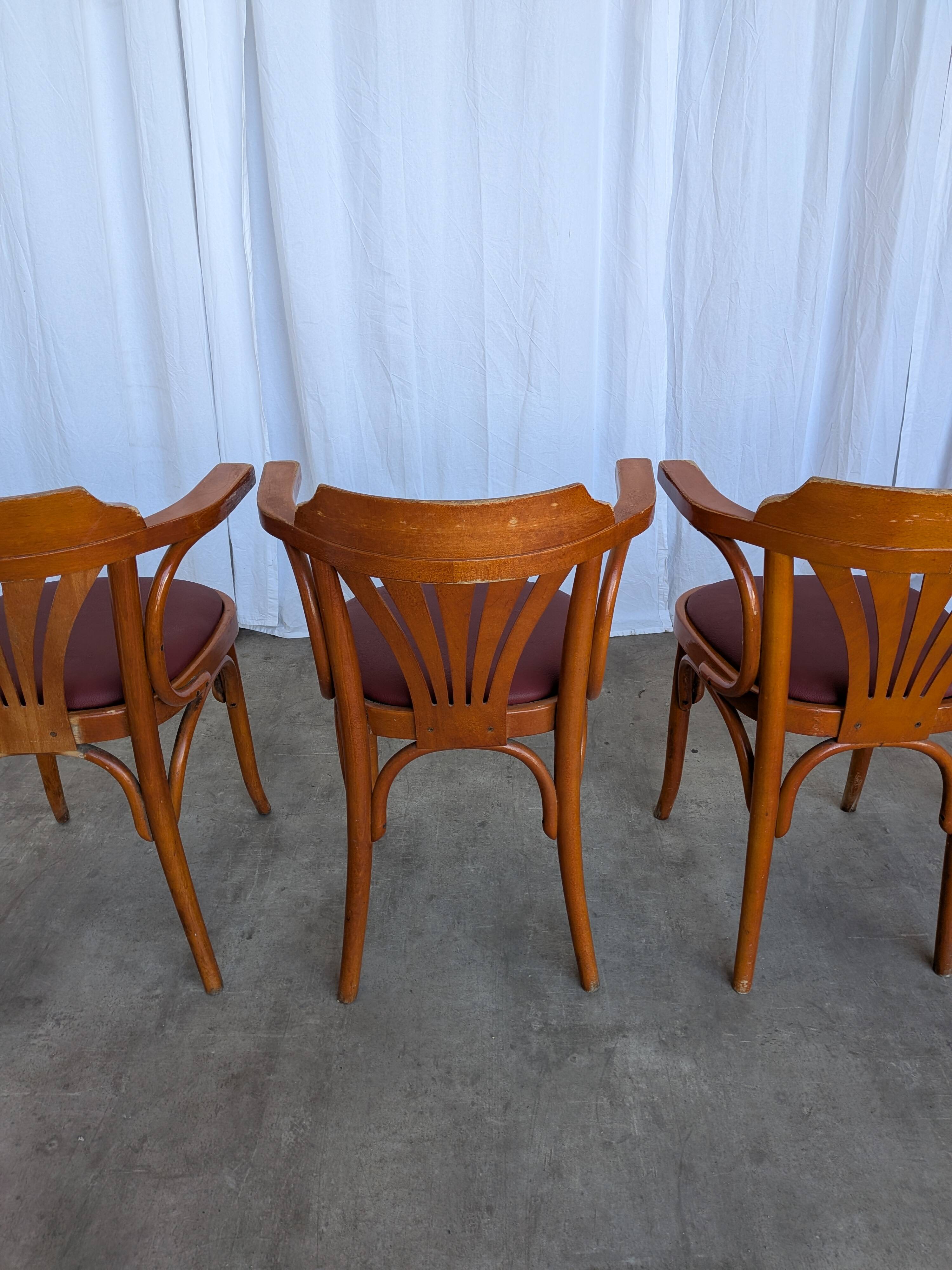 Set of 4 Bentwood Dining Chairs / Vintage Thonet Style, Red Faux Leather