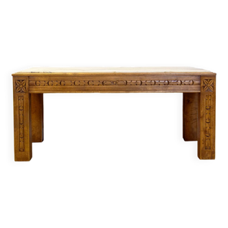 Table basse vintage en noyer sculpté et marbre, Espagne, années 1960