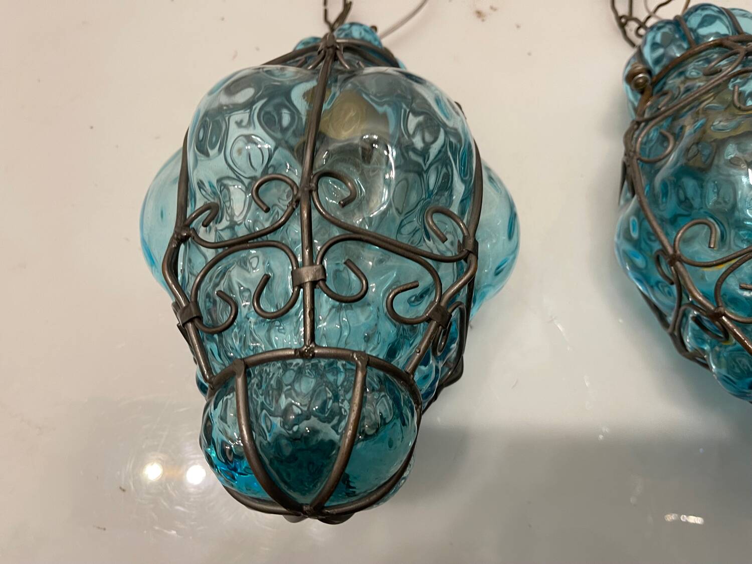 Blue Wrought Iron Murano Glass Light Pendants Set of 2