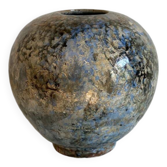 Ball vase on heel in blue, ochre and gold shaded enamelled ceramic, signed on the reverse DUBUC PHILIPPE