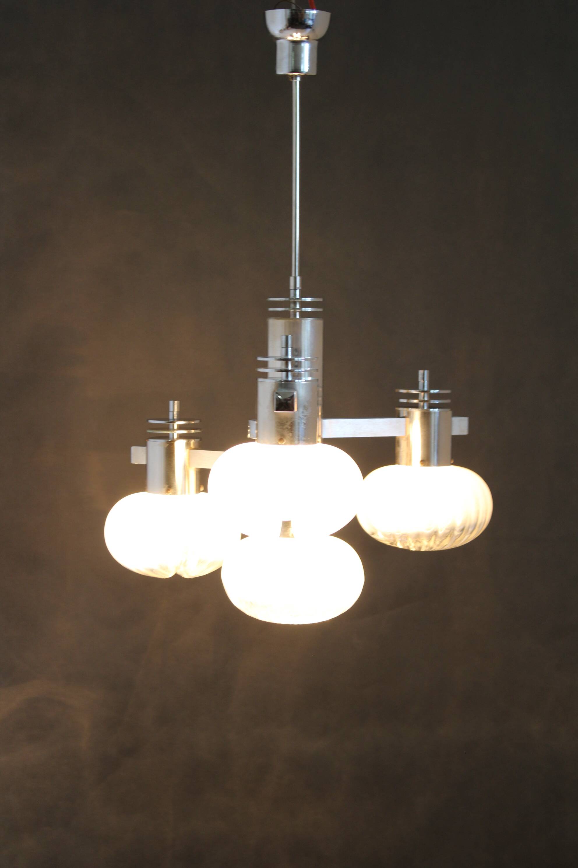 1970s Chrome Plated Chandelier with Murano Glass , Italy