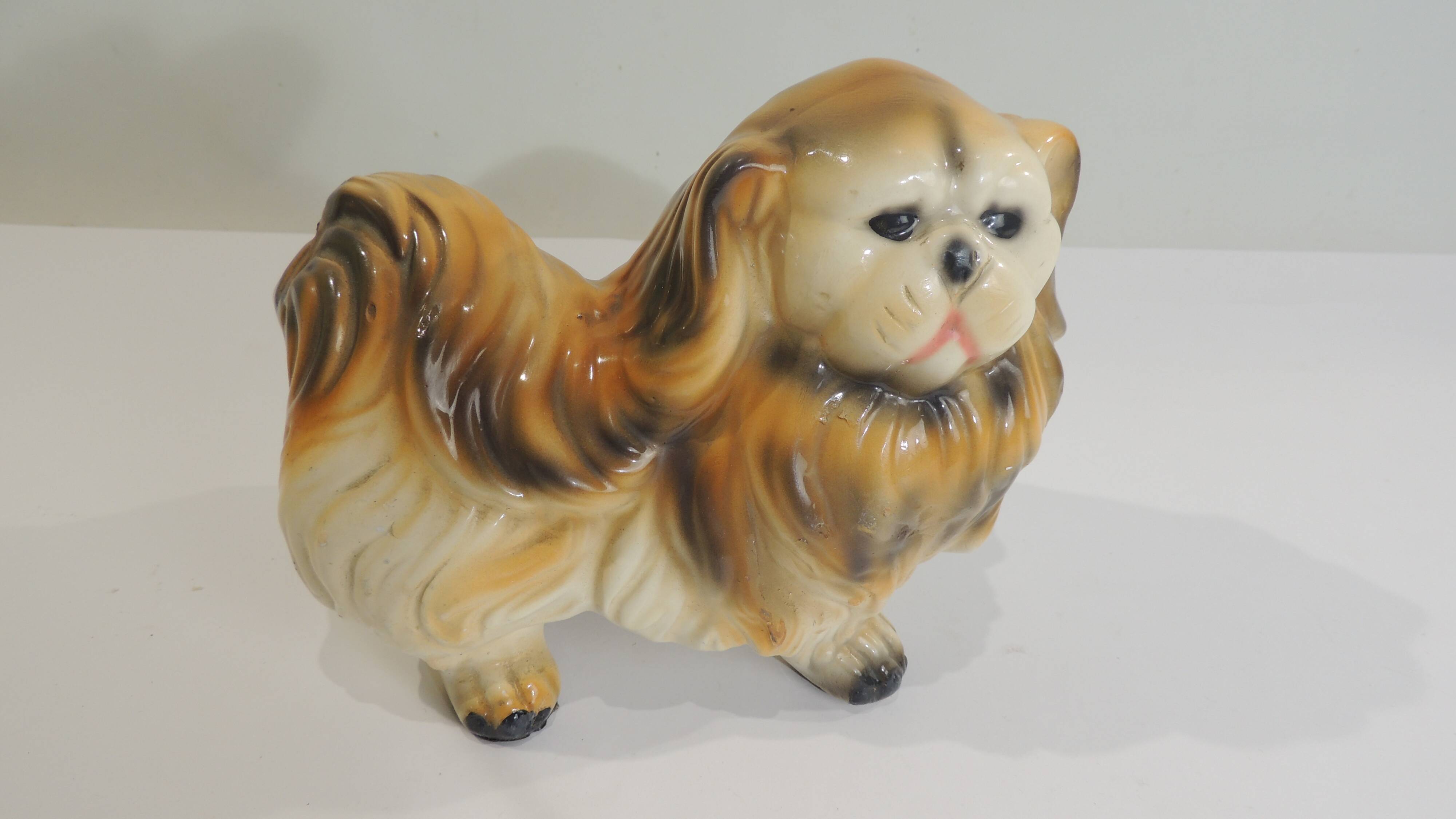 Vintage 1970s ceramic Pekingese dog, decorative figurine, statue.