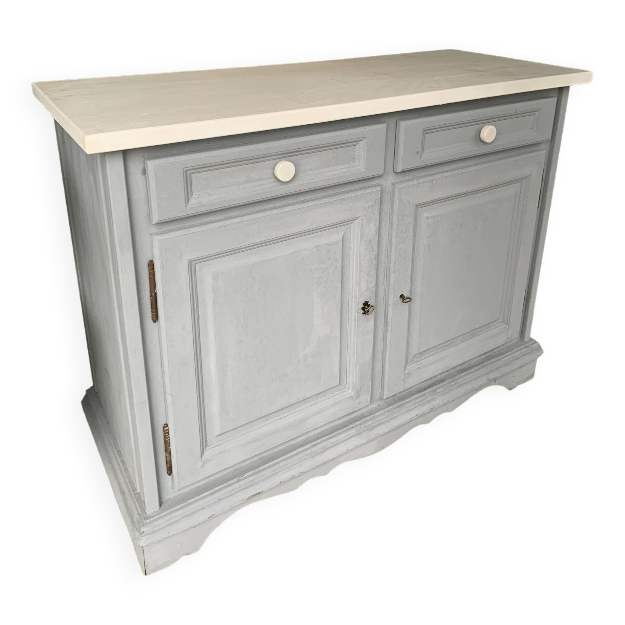 Robust country sideboard with country charm with marble handles in gray and white chalk