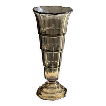 Flared Art Deco vase in smoked moulded glass with steps H30 W13.5