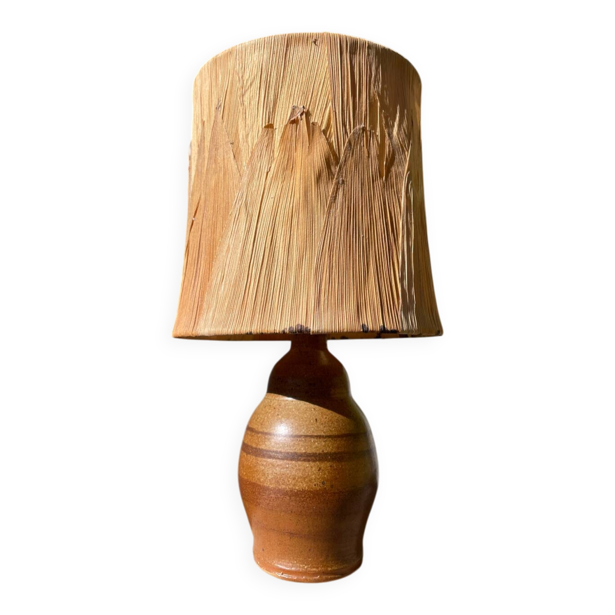 1970s brown ceramic lamp with foliage shade