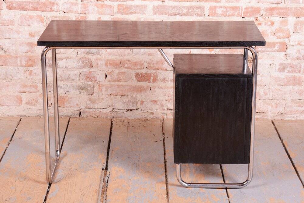 Bauhaus Writing Desk in Oak and Chromed Steel by Robert Slezák, Czech, 1930s