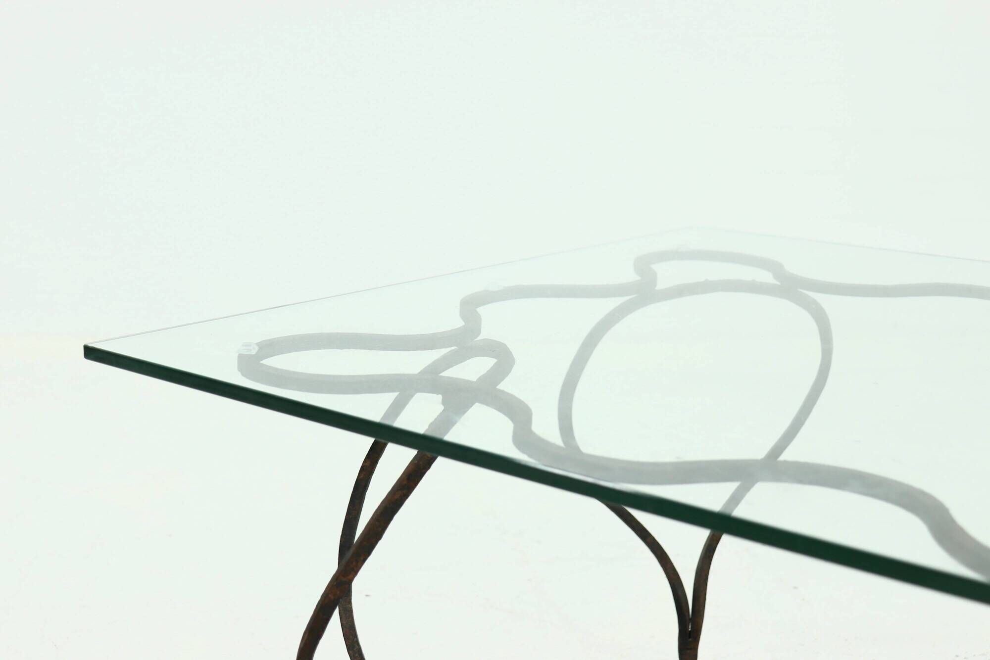 Coffee Table with Decorative Forged Steel Base and Glass Top 1960s