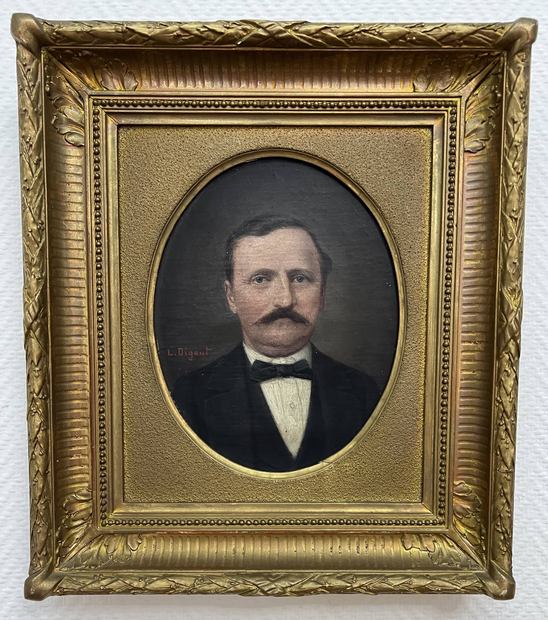 Portrait, oil on canvas of a man with a moustache signed Louis Joseph Digout, 19th century.