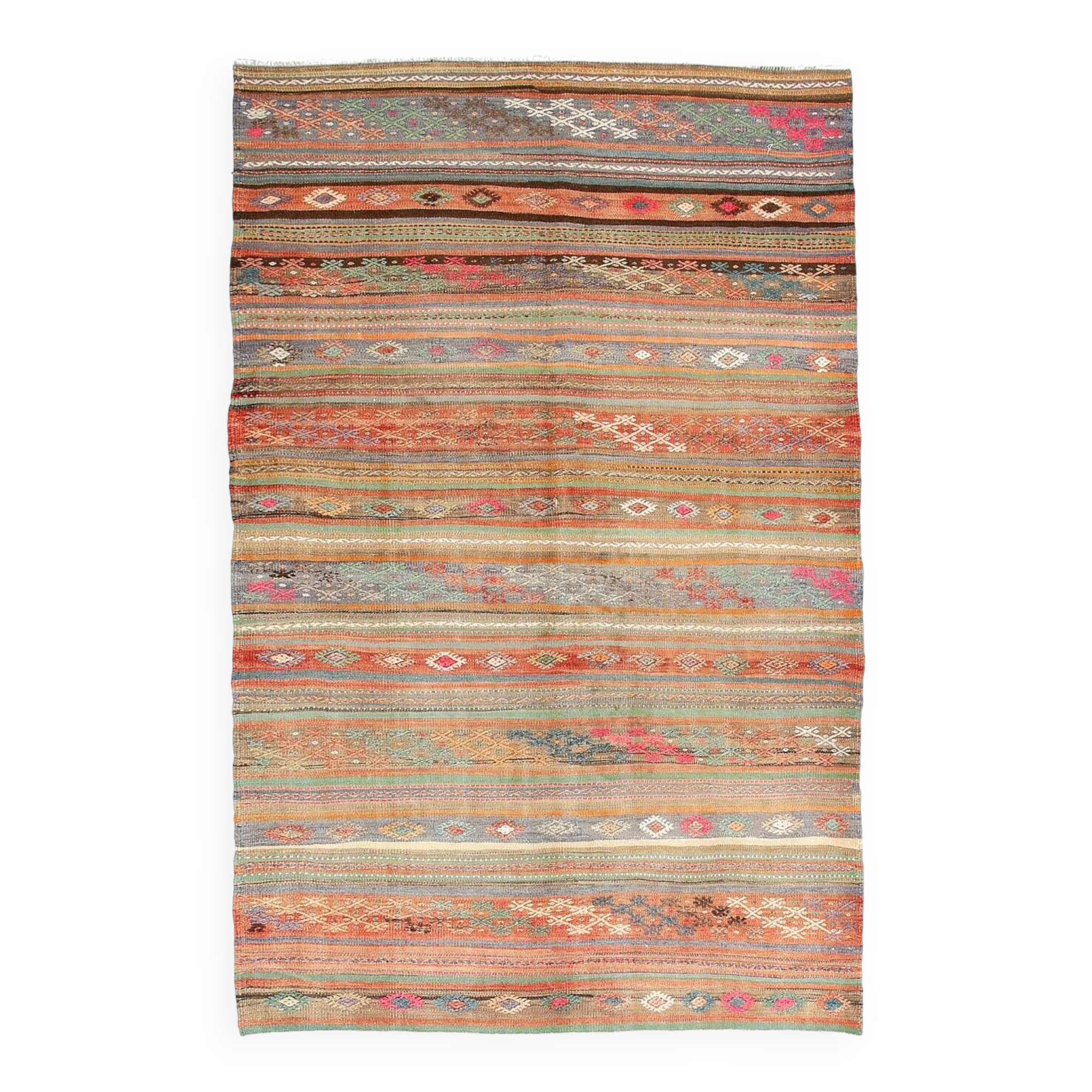 5x8 Green & Orange Striped Pattern Persian Kilim Rug, 155x250Cm