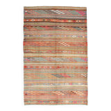 5x8 Green & Orange Striped Pattern Persian Kilim Rug, 155x250Cm
