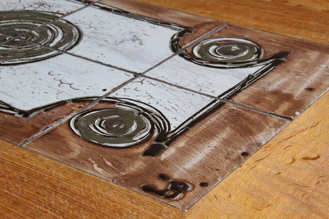 Vintage Danish brutalist oak & tile coffee table in the style of Henning Kjærnulf, 1960s
