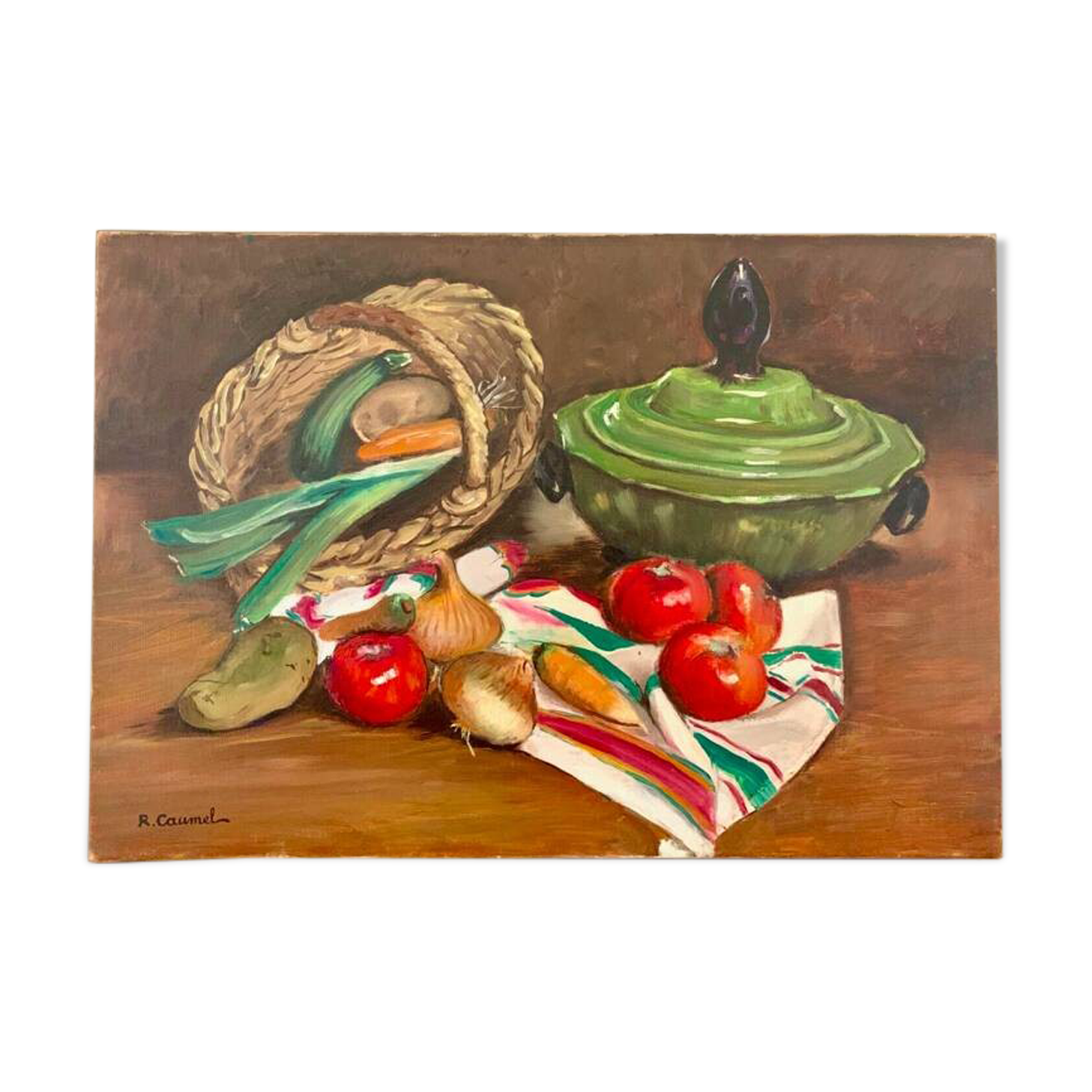 Oil on canvas, Still life "La garbure" signed and countersigned R.CAUMEL 1982