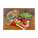 Oil on canvas, Still life "La garbure" signed and countersigned R.CAUMEL 1982