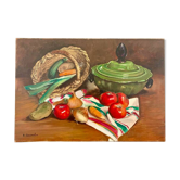 Huile sur toile, Nature morte "La garbure" signée et contre-signée R.CAUMEL 1982