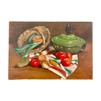 Oil on canvas, Still life "La garbure" signed and countersigned R.CAUMEL 1982