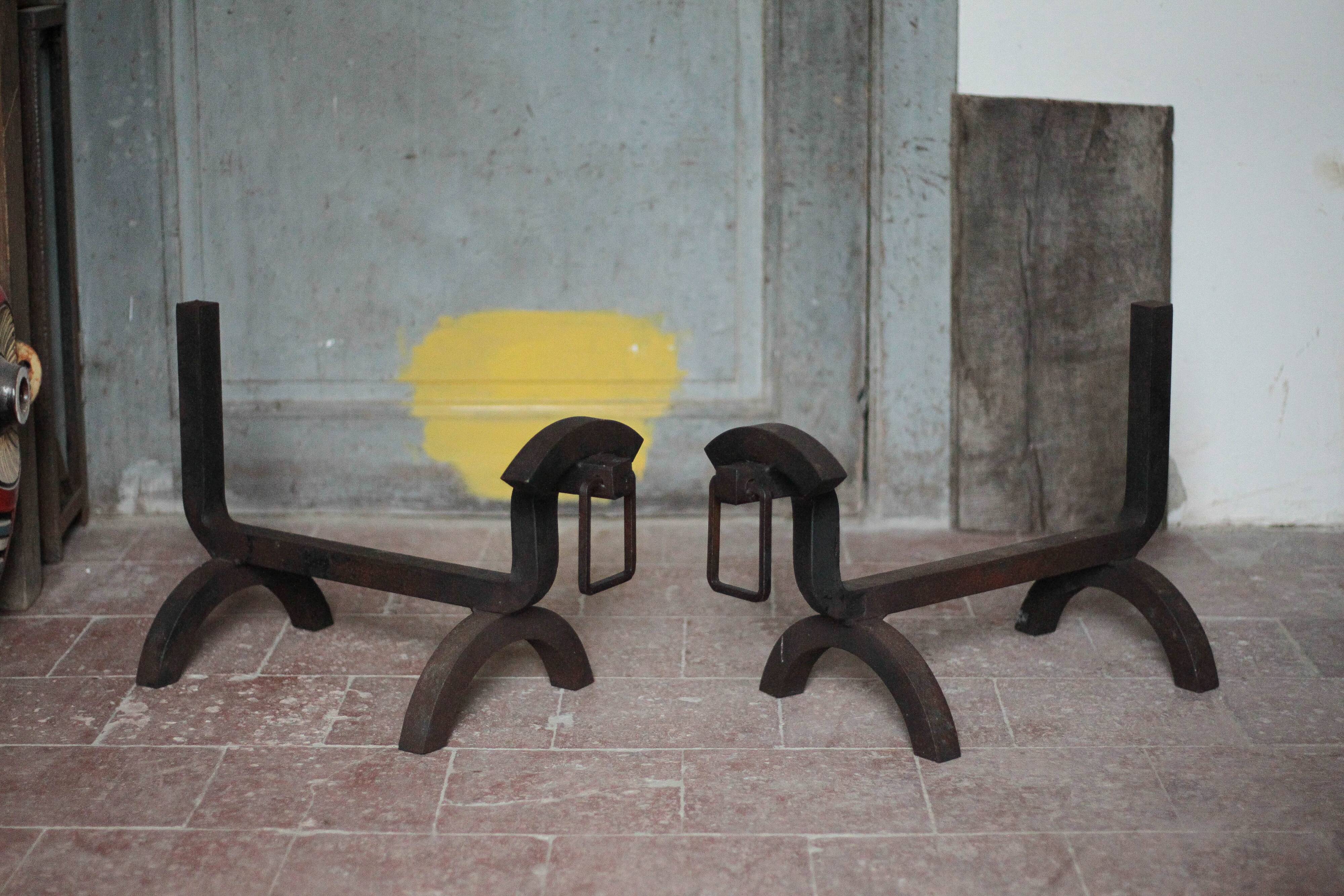 Vintage chenets, pair of brutalist dog-shaped chenets, fireplace accessory.