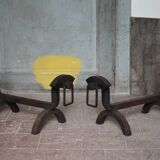 Vintage chenets, pair of brutalist dog-shaped chenets, fireplace accessory.