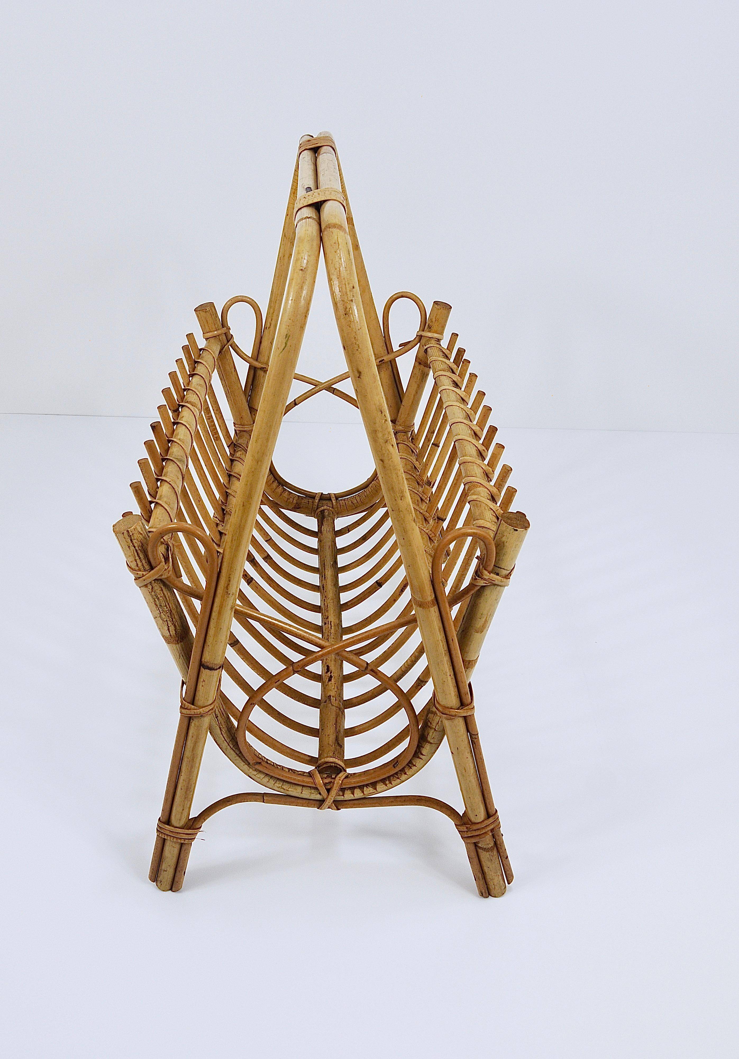 Bamboo and rattan magazine rack in the style of Franco Albini, Italy, 1950s.