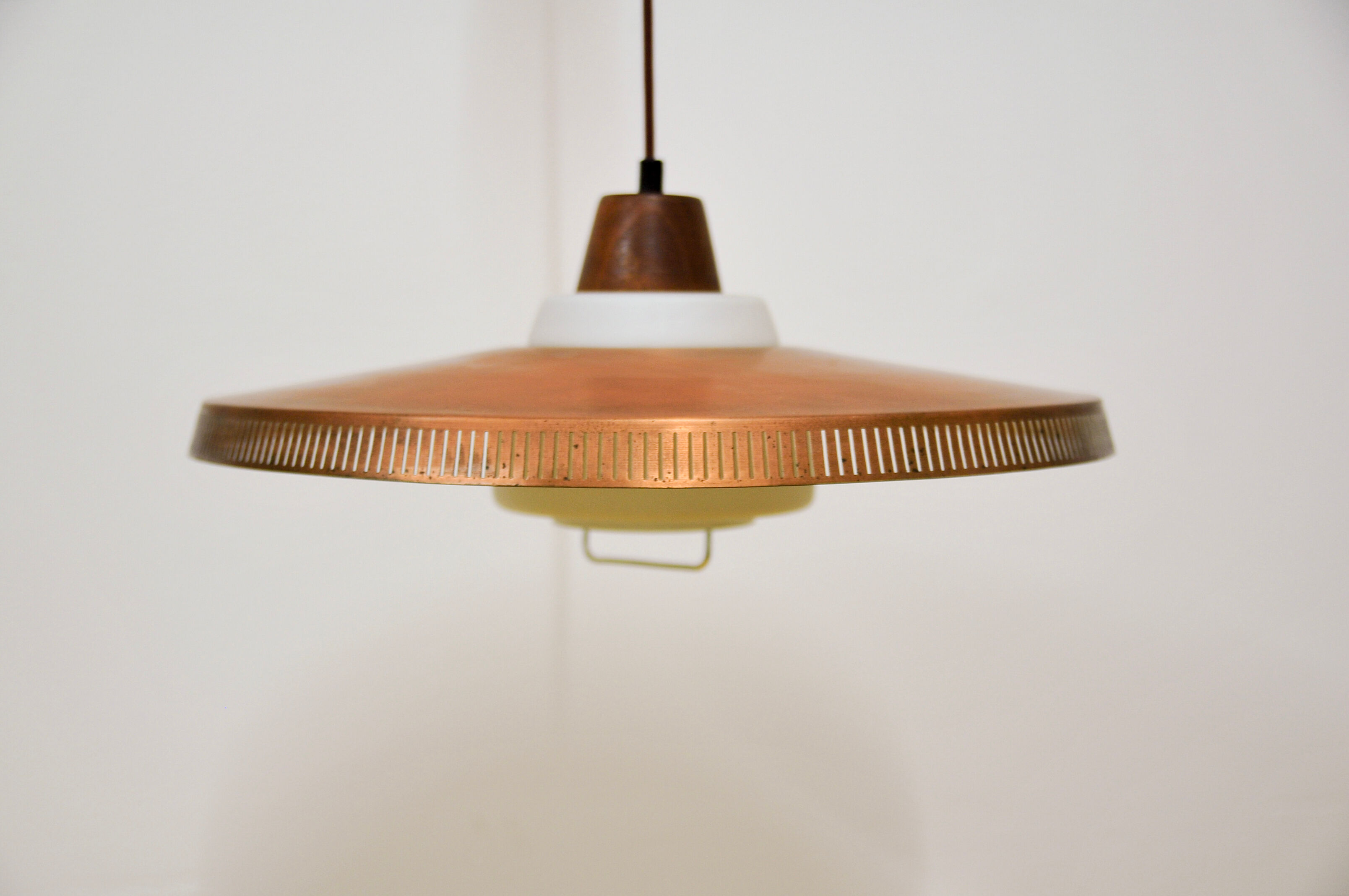 Copper milk glass & teak hanging lamp Bernt Karlby for Lyfa