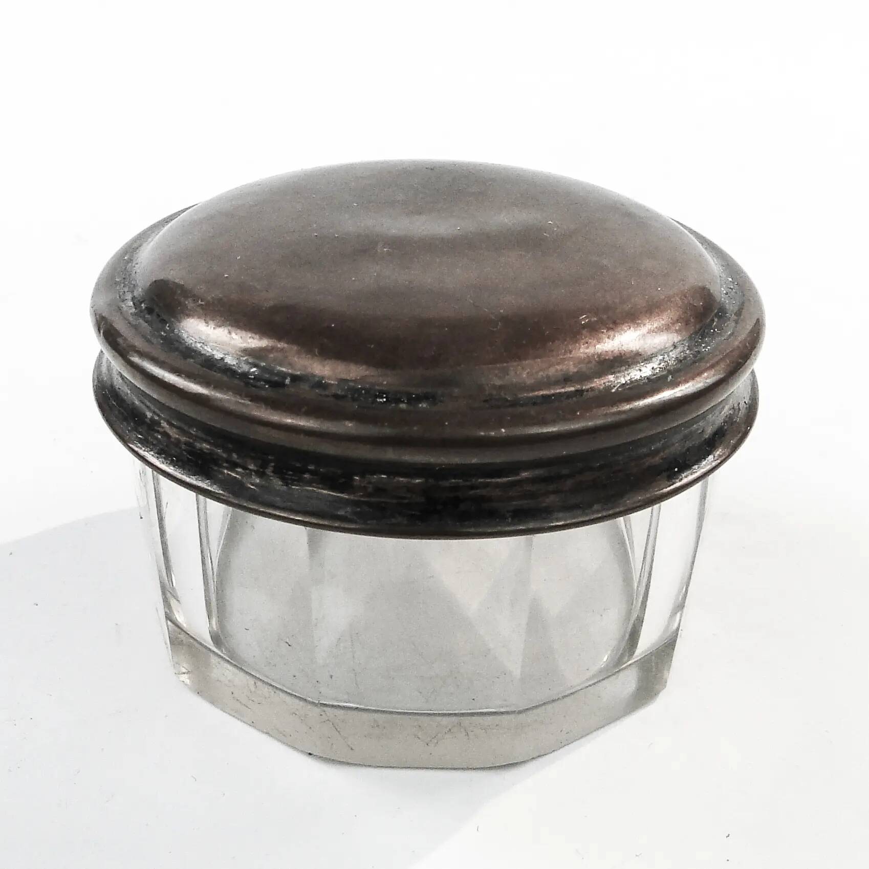 Art Deco pill box, crystal, silver-plated copper, Poland, 1930s