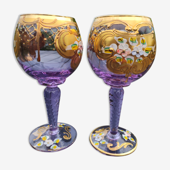 Lot de 2 verres Trefuochi à pied, boule en verre de Murano, Italie