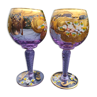 Lot de 2 verres Trefuochi à pied, boule en verre de Murano, Italie