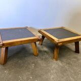Vintage Pair of oak and slate brutalist end or coffee tables, France 1970s.