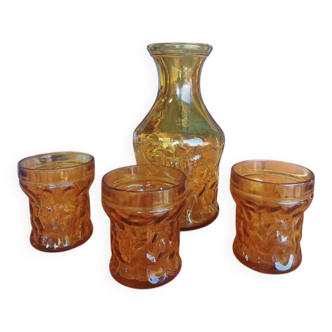 Vintage "BRF" Amber Carafe and 3 Glasses
