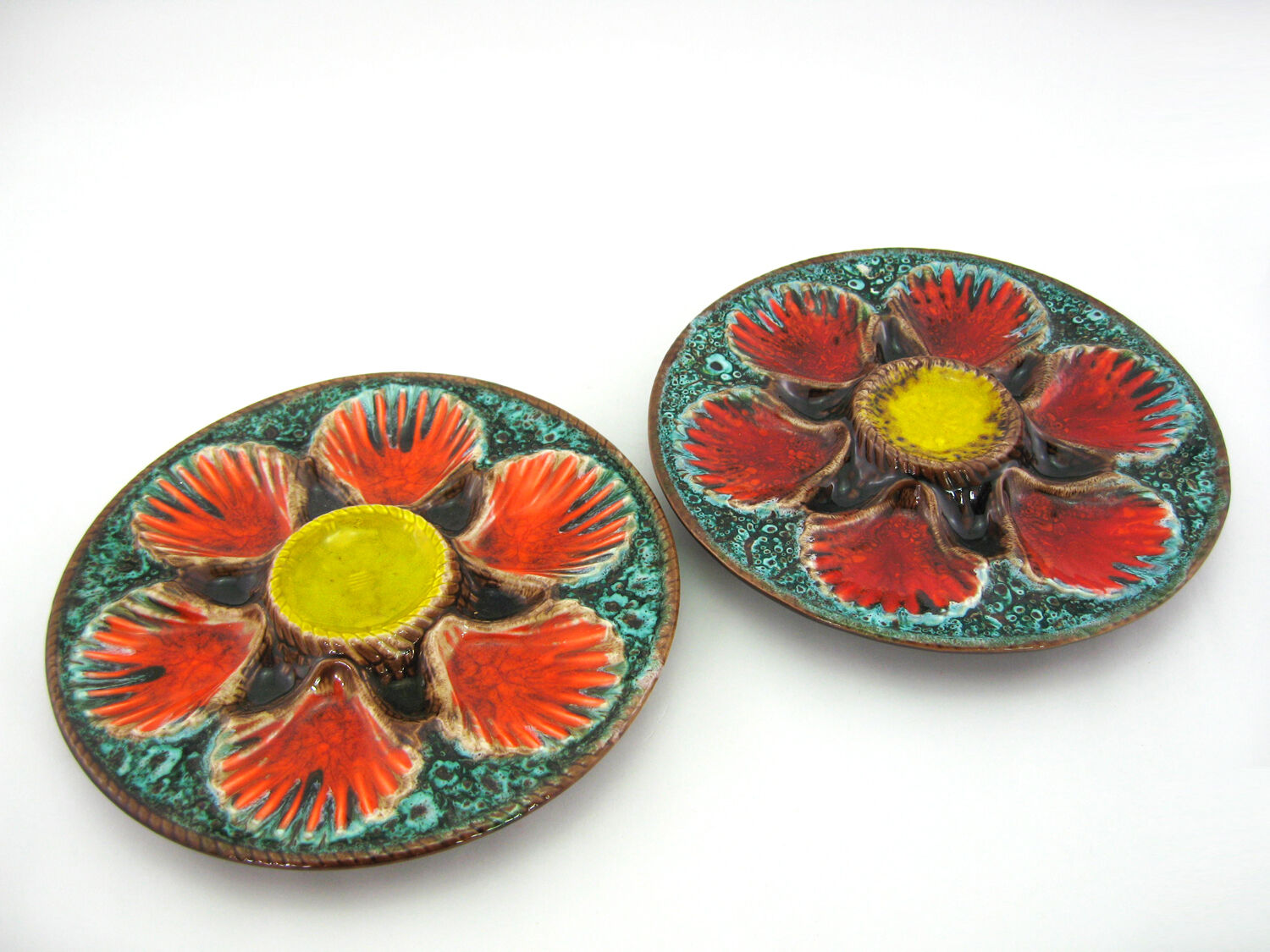 2 red/orange, yellow and green glazed ceramic oyster plates - Vallauris France - vintage