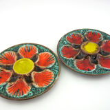 2 red/orange, yellow and green glazed ceramic oyster plates - Vallauris France - vintage