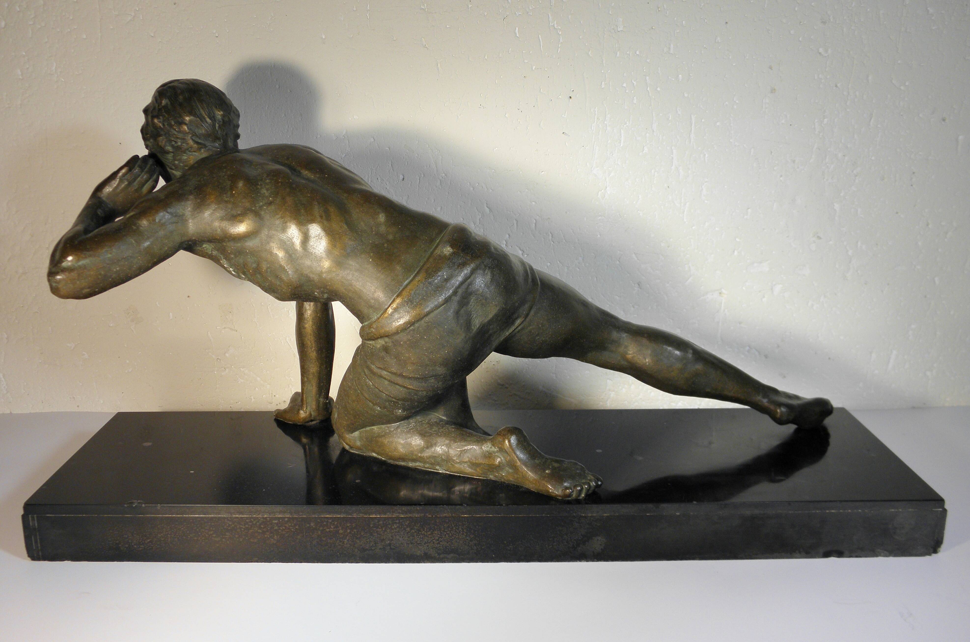 Art Deco spelter sculpture on marble base J. De Roncourt