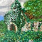Tableau huile sur toile paysage église pointillisme ancien
