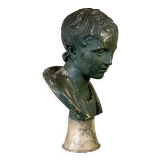 Jeune garçon, Buste En Plâtre Patine Verte, Vers 1900