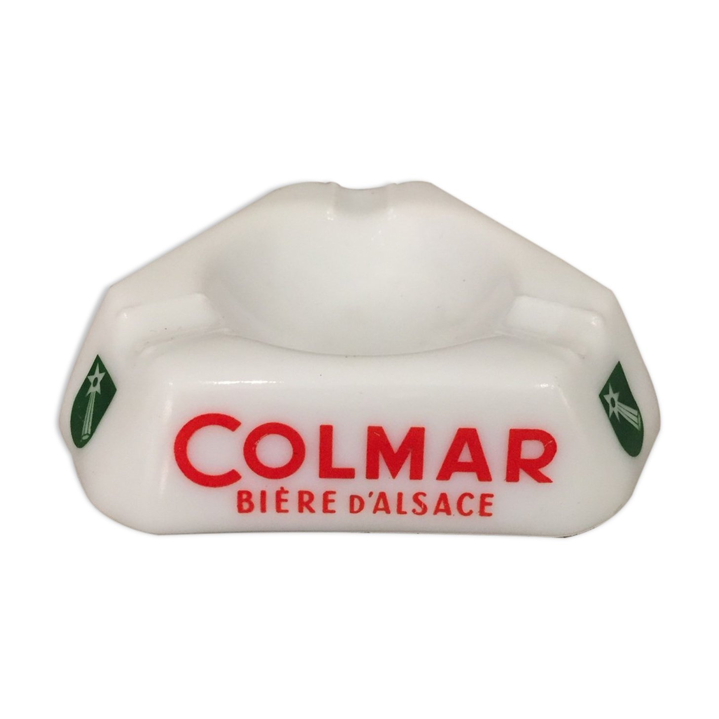 Cendrier publicitaire pour la biere d'alsace colmar en opaline blanc