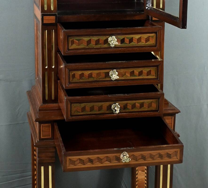 Rare small marquetry display cabinet, louis xvi style – mid 19th century