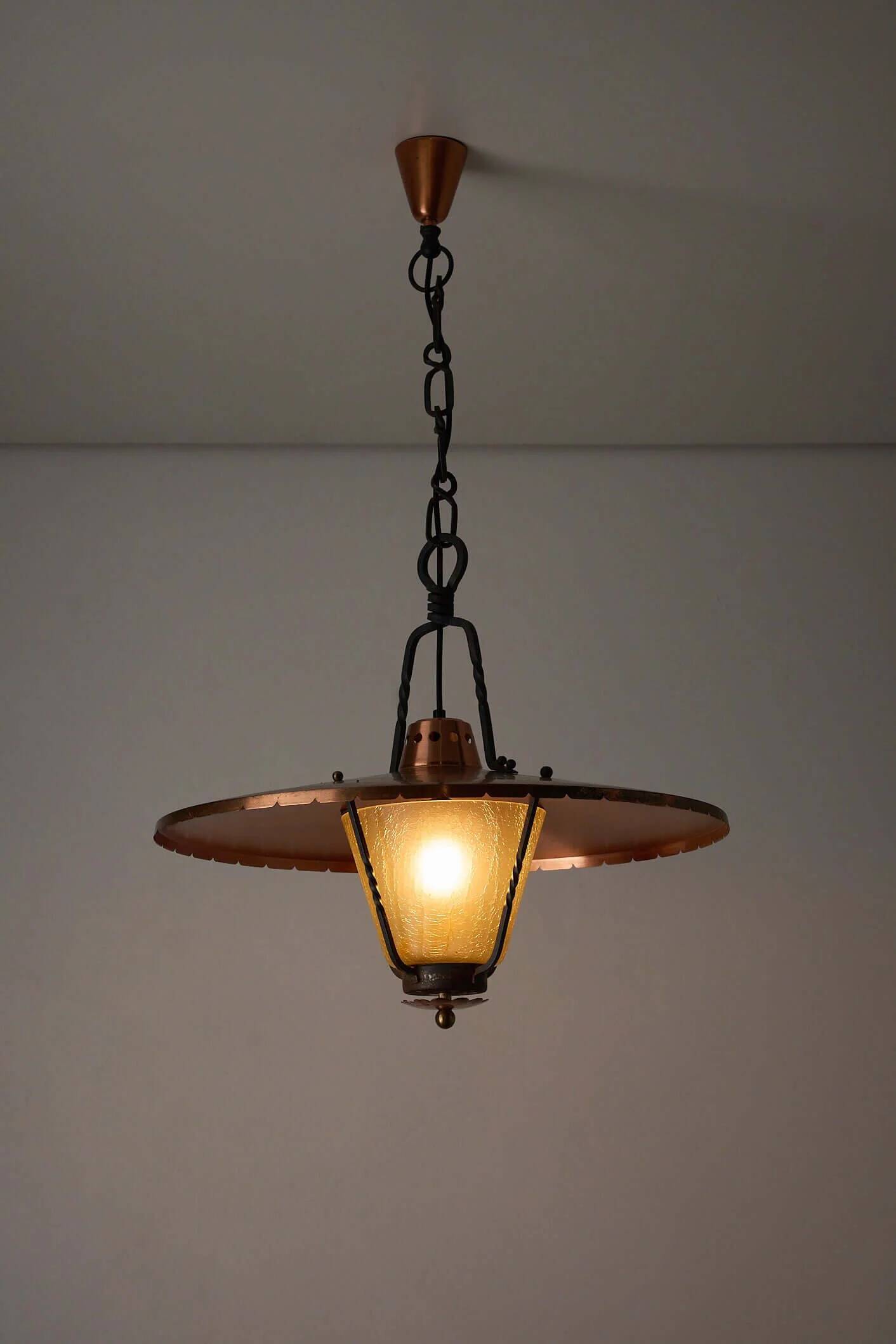 Wrought iron and copper pendant lamp with textured glass diffuser