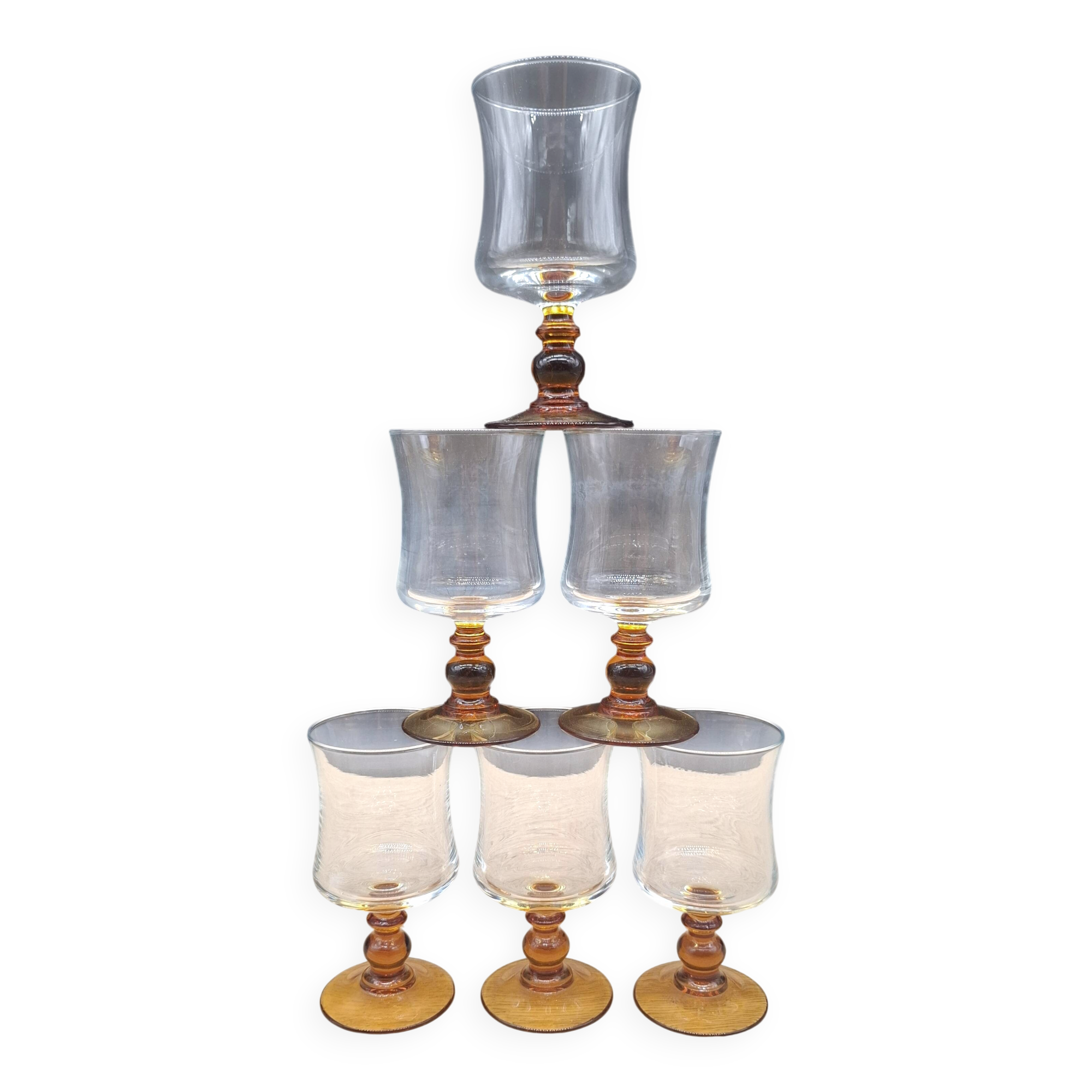 Set of 6 antique Luminarc glasses with amber feet