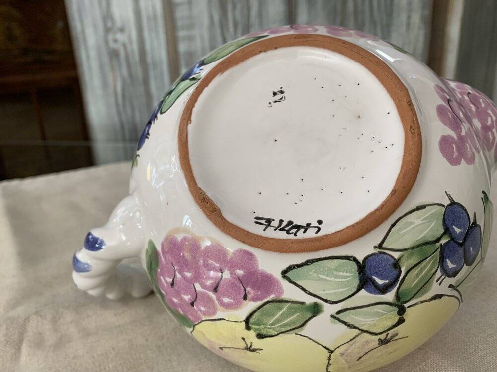 Vintage coloured ceramic jug in cream white with hand-painted decoration (Hungary)
