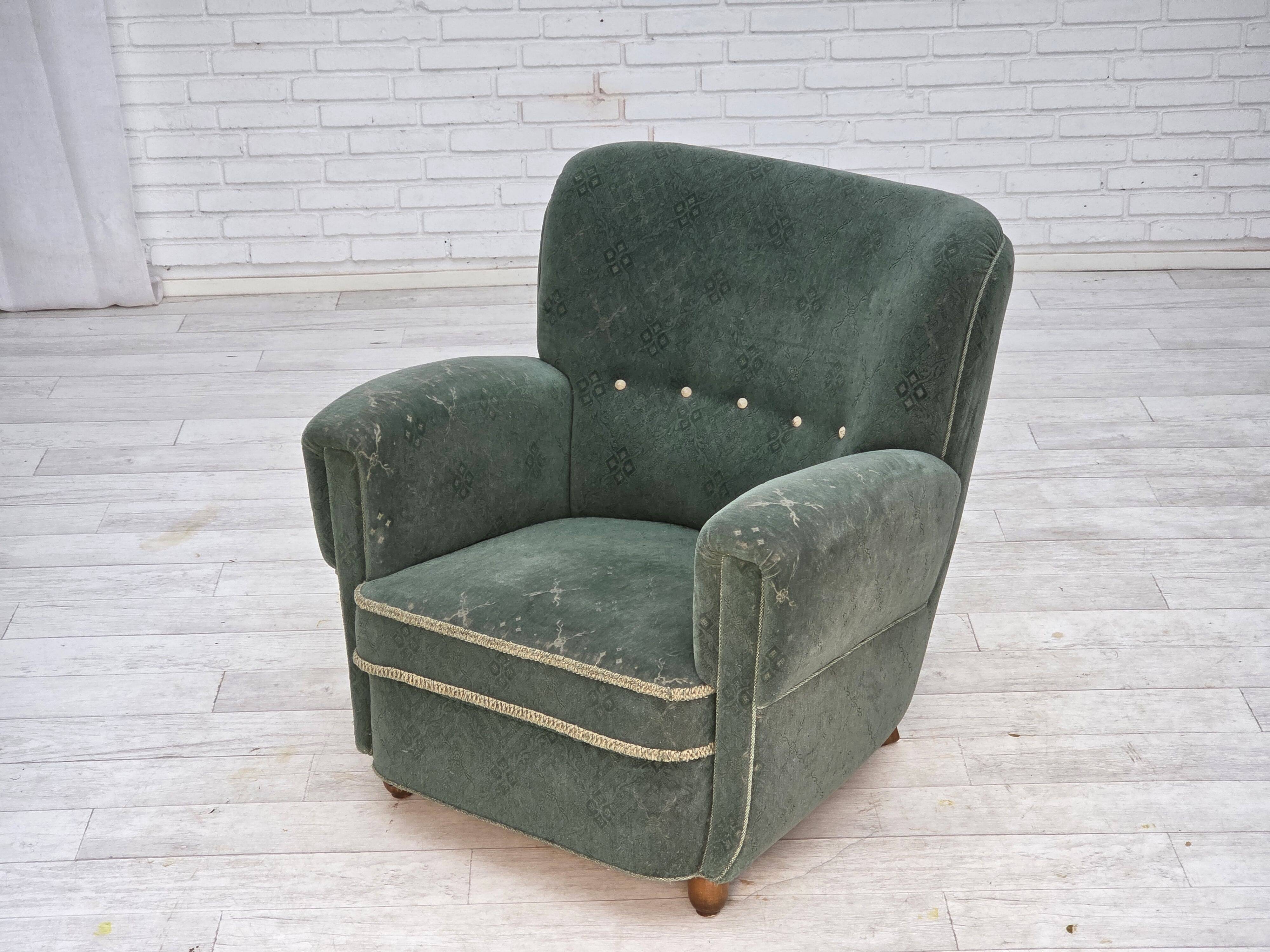 1960s, Danish armchair, light green furniture wool, oak wood legs.