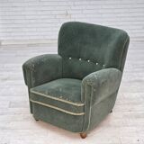 1960s, Danish armchair, light green furniture wool, oak wood legs.