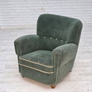 1960s, Danish armchair, light green furniture wool, oak wood legs.