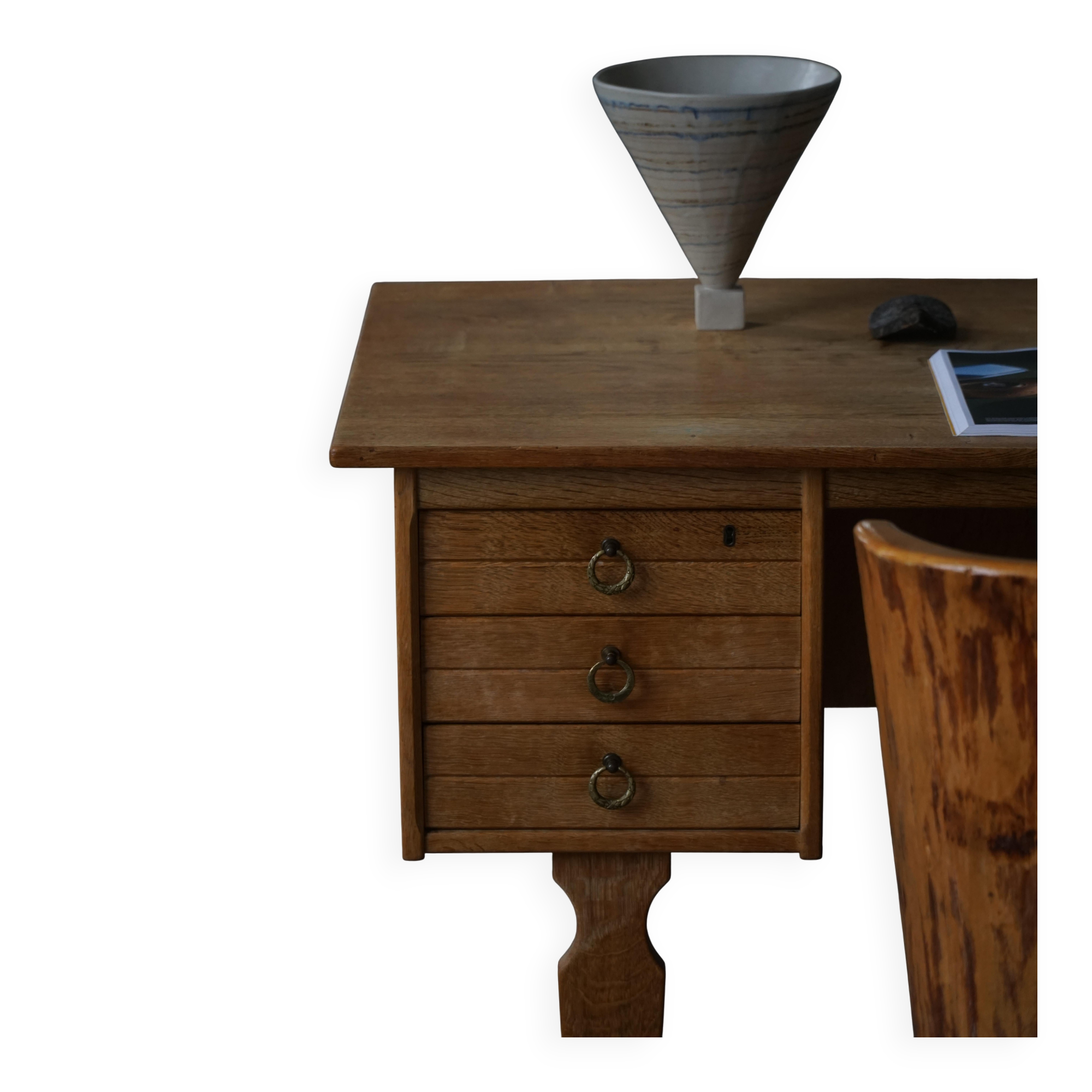 Free-standing oak desk by Henning Kjærnulf, mid-century Danish modernism, 1950s.